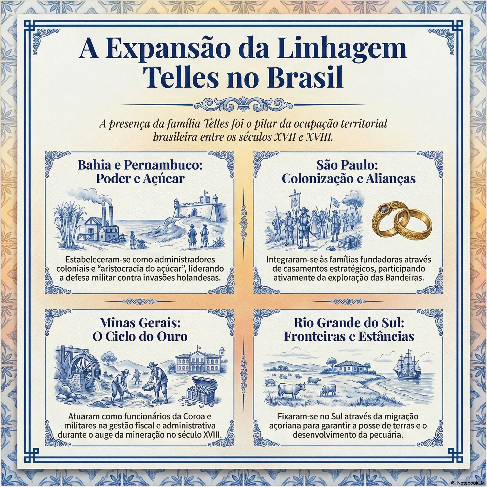 Mapa do Brasil destacando os estados com presença histórica da família Telles: Bahia, Pernambuco, São Paulo, Minas Gerais e Rio Grande do Sul